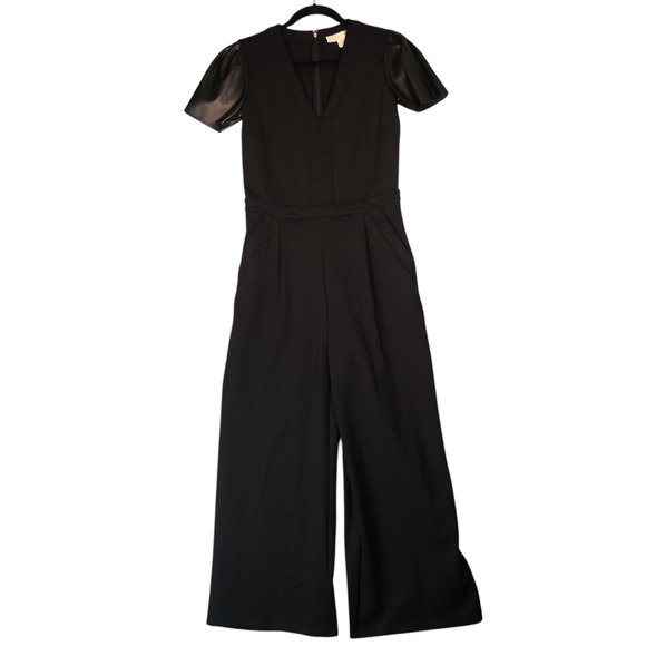 Michael Kors Jumpsuit Womens XS Black Wide Leg Leather Look Sleeves Pockets - Picture 2 of 14